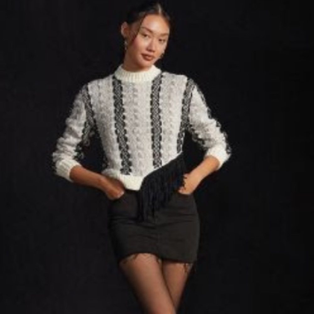 Anthropologie NWT sold out STELLA PARDO FRINGED SWEATER size Small